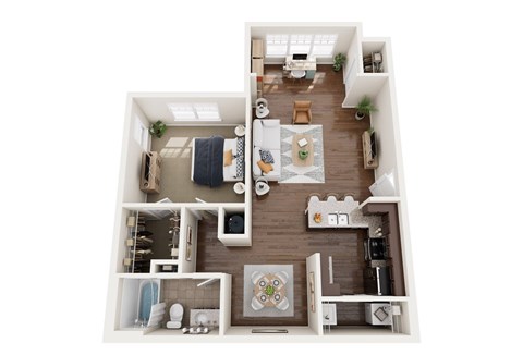 A dollhouse with a living room, kitchen, and bathroom.